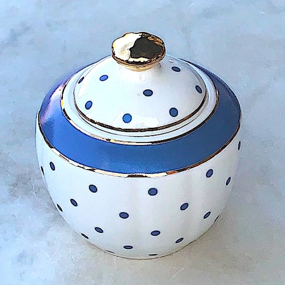 GRACES TEAWARE SUGAR BOWL & LID MARIN COBALT BLUE DOTS GOLD PORCELAIN NEW